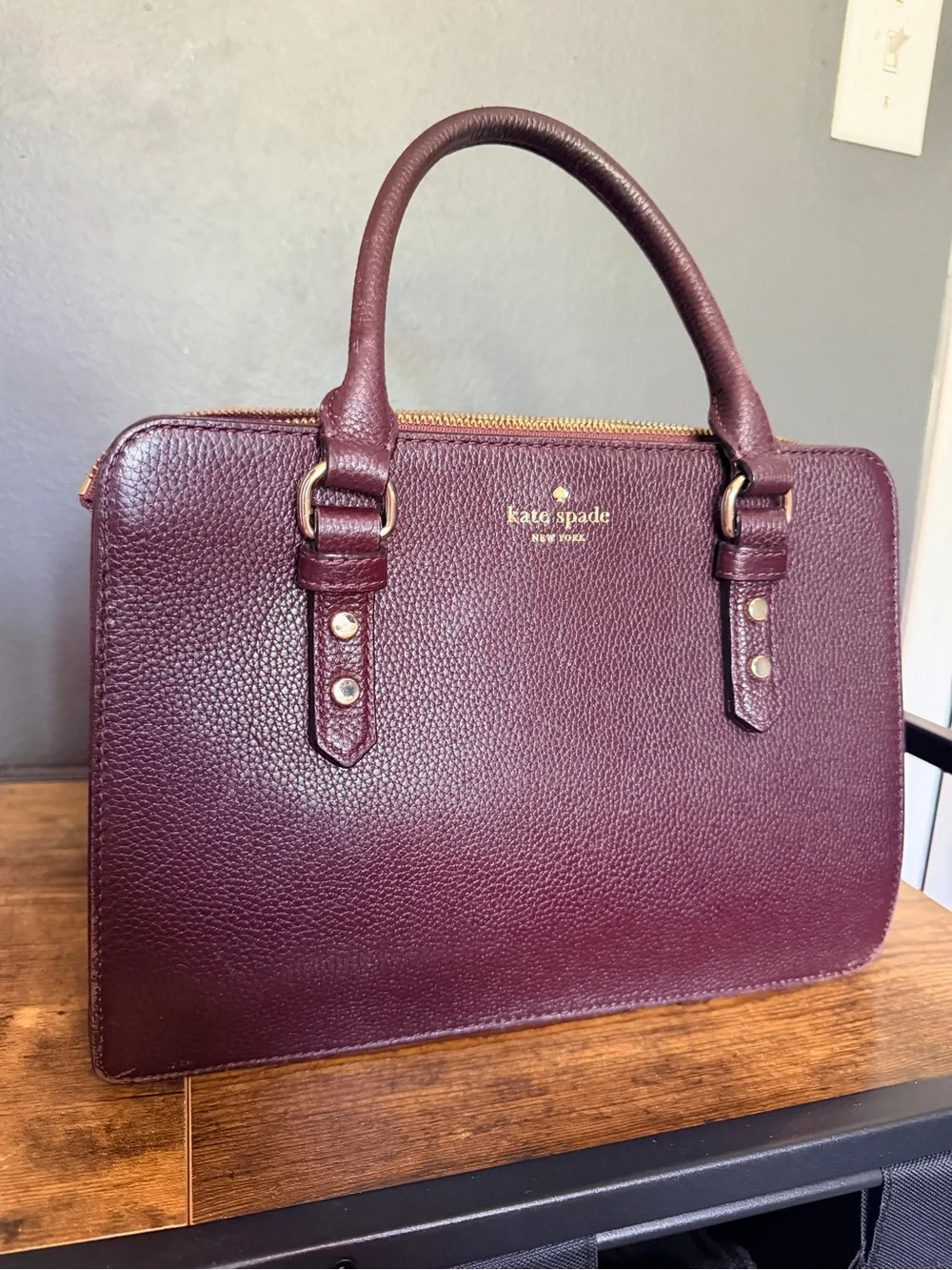 kate spade plum pebbled leather satchel with gold hardware